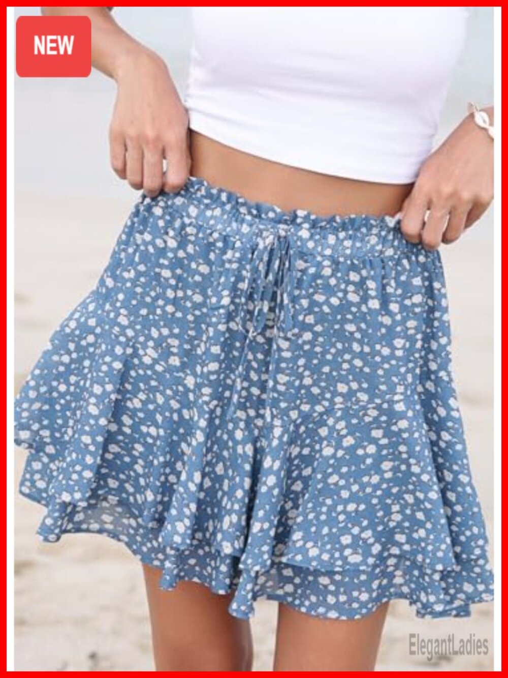 Floral Ruffle Flowy Skorts High Rise Drawstring Mini Summer Shorts - Picture 4 of 6